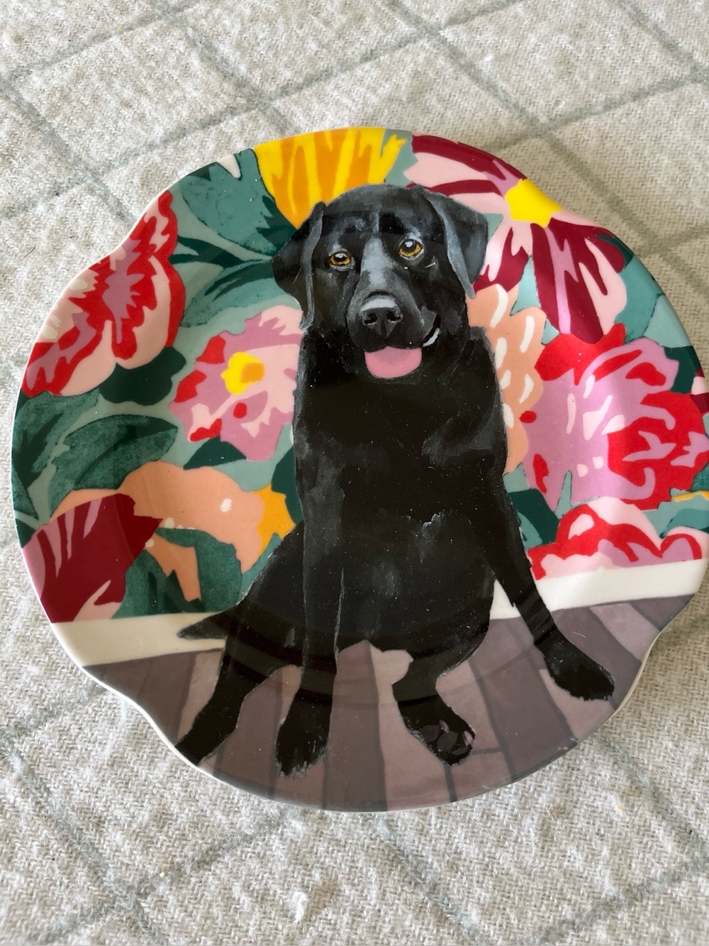 Anthropologie Black Labrador Floral Accent Plate. Sweet Ruby